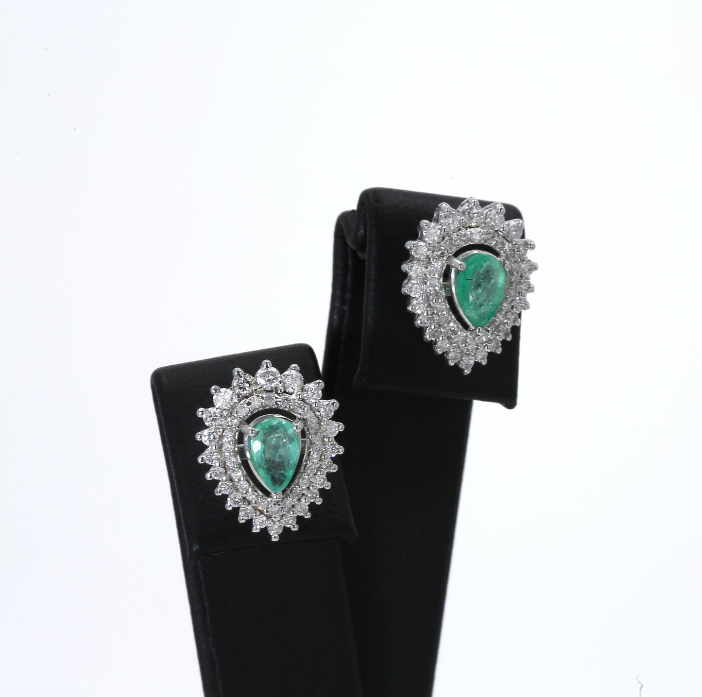 Colombian Emerald Earrings (1 pair): 0.95 ct tw Emeralds, 1.30 ct tw Diamonds, 14K White Gold