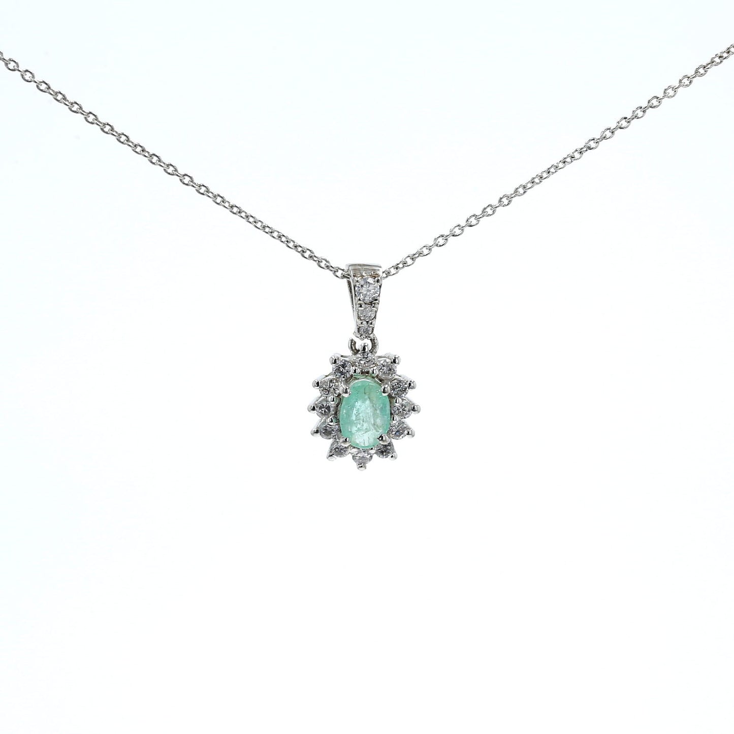 Colombian Emerald Pendant: 0.5 ct tw Emeralds, 0.65 ct tw Diamonds, 14K White Gold