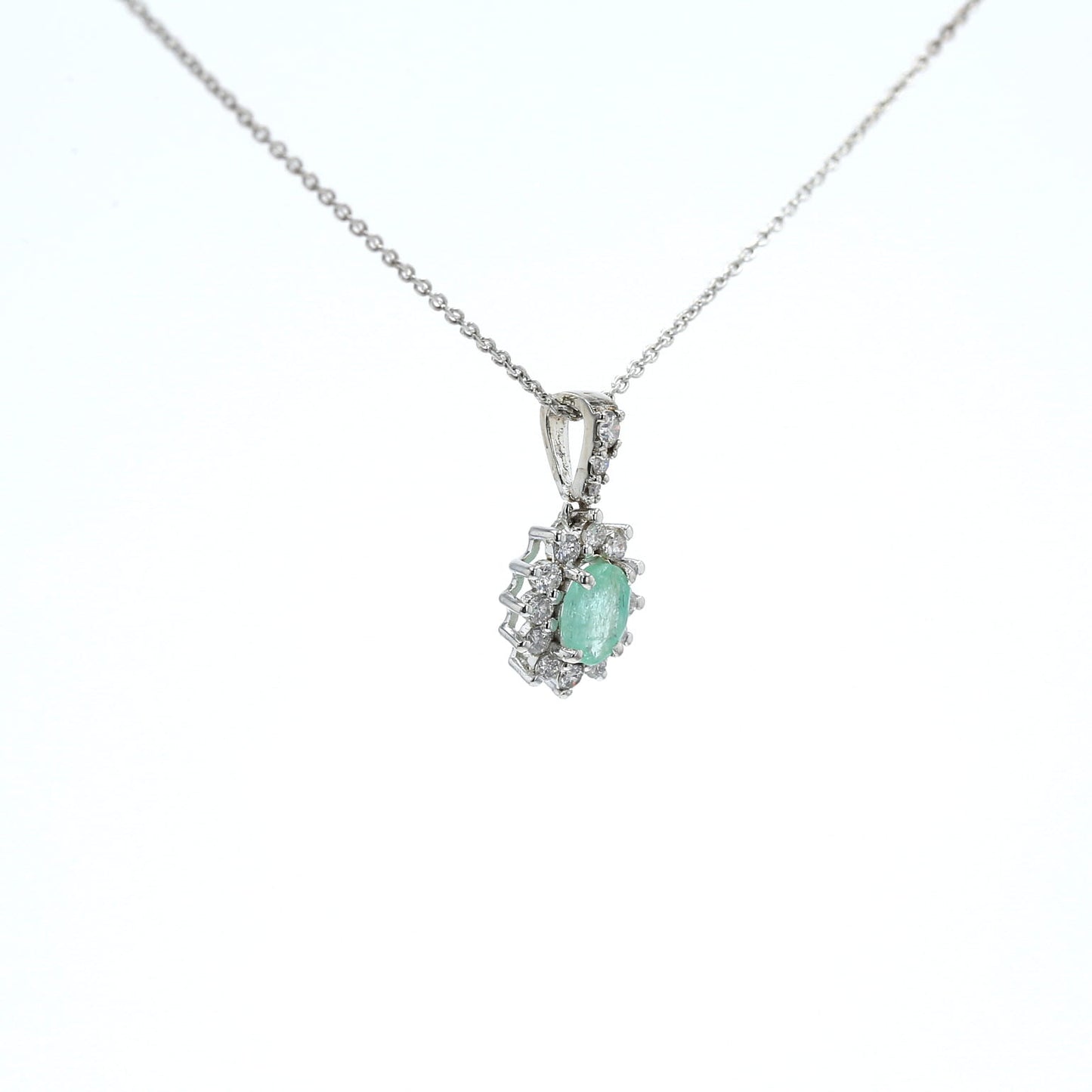 Colombian Emerald Pendant: 0.5 ct tw Emeralds, 0.65 ct tw Diamonds, 14K White Gold