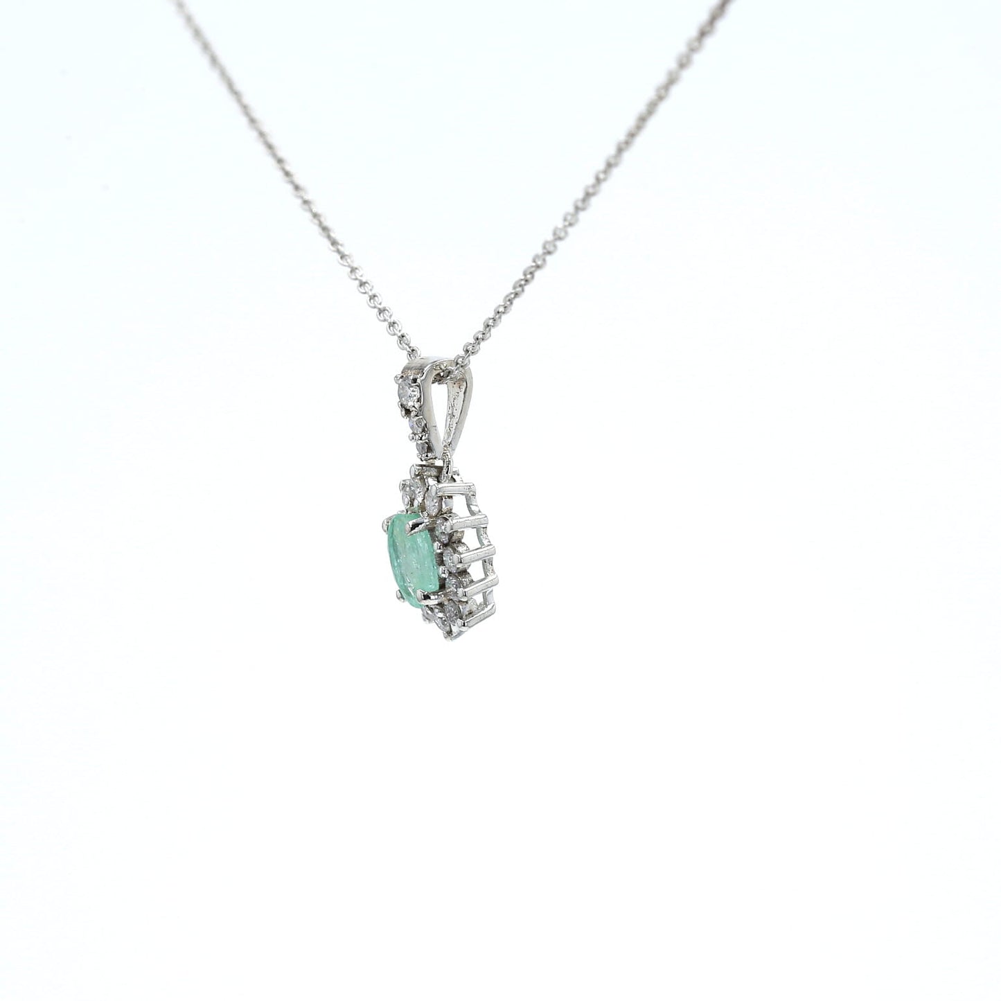 Colombian Emerald Pendant: 0.5 ct tw Emeralds, 0.65 ct tw Diamonds, 14K White Gold