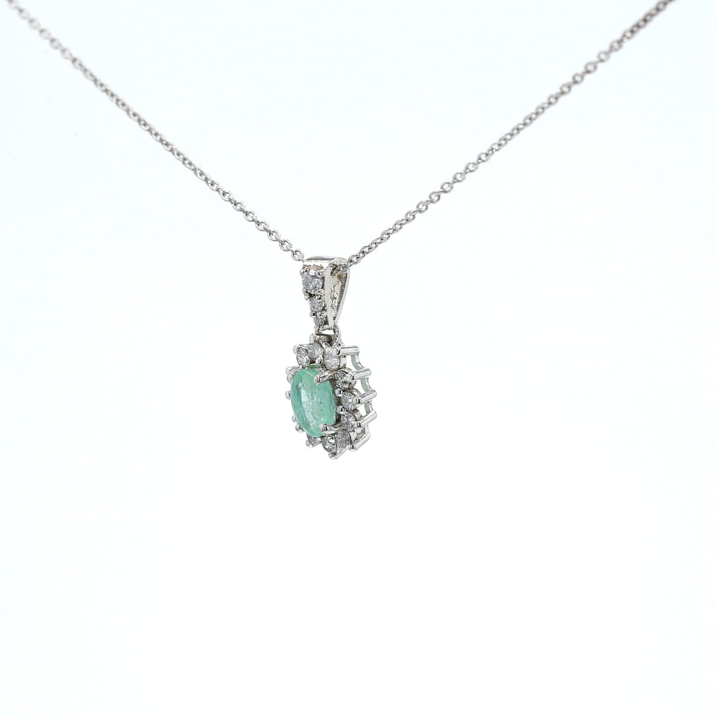 Colombian Emerald Pendant: 0.5 ct tw Emeralds, 0.65 ct tw Diamonds, 14K White Gold