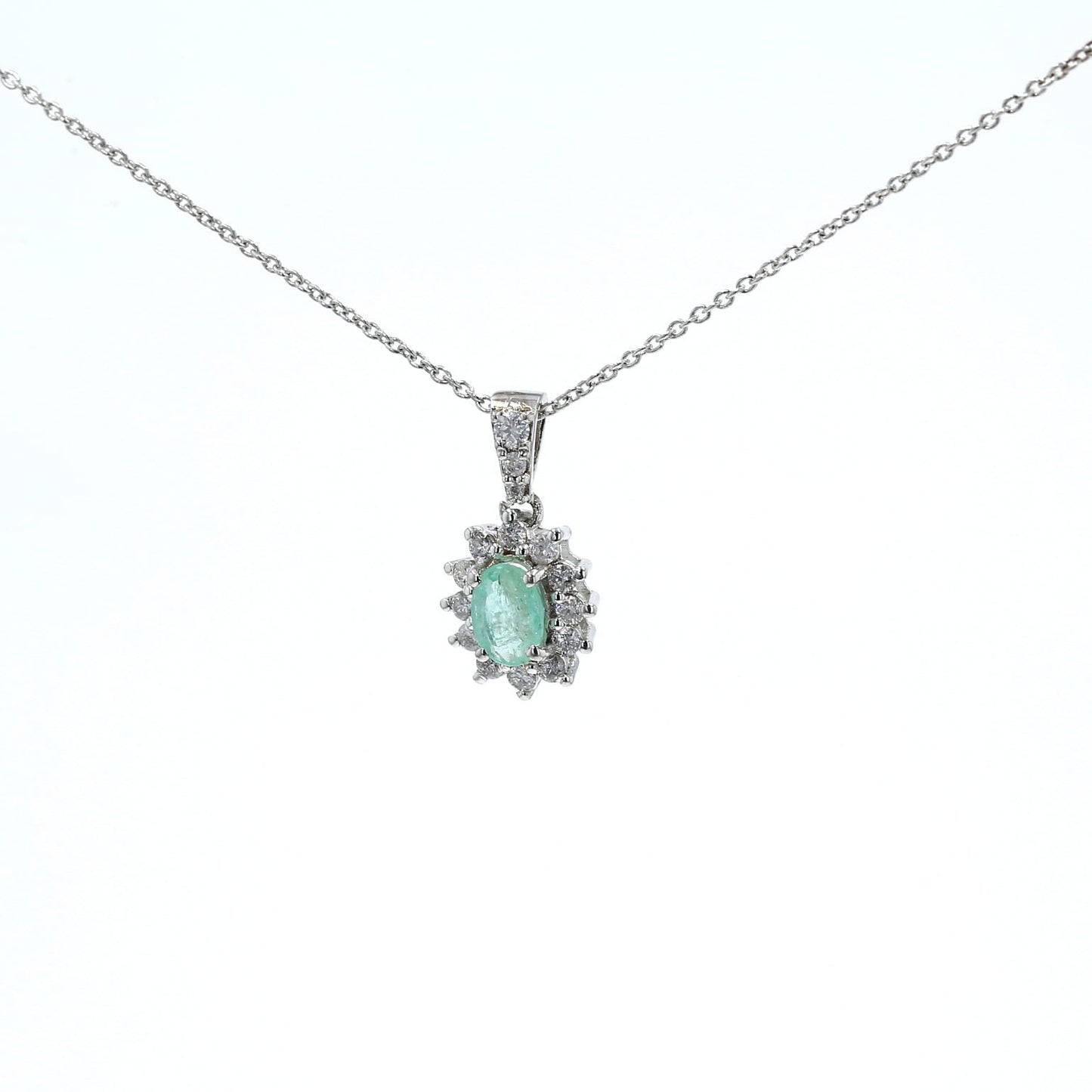 Colombian Emerald Pendant: 0.5 ct tw Emeralds, 0.65 ct tw Diamonds, 14K White Gold