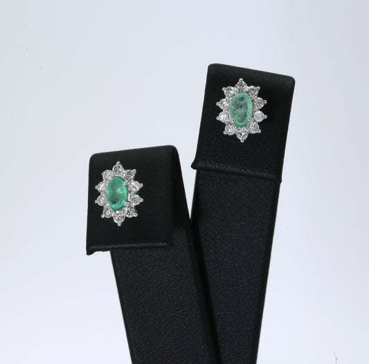 Colombian Emerald Earrings (1 pair): 0.9 ct tw Emeralds, 0.6 ct tw Diamonds, 14K White Gold