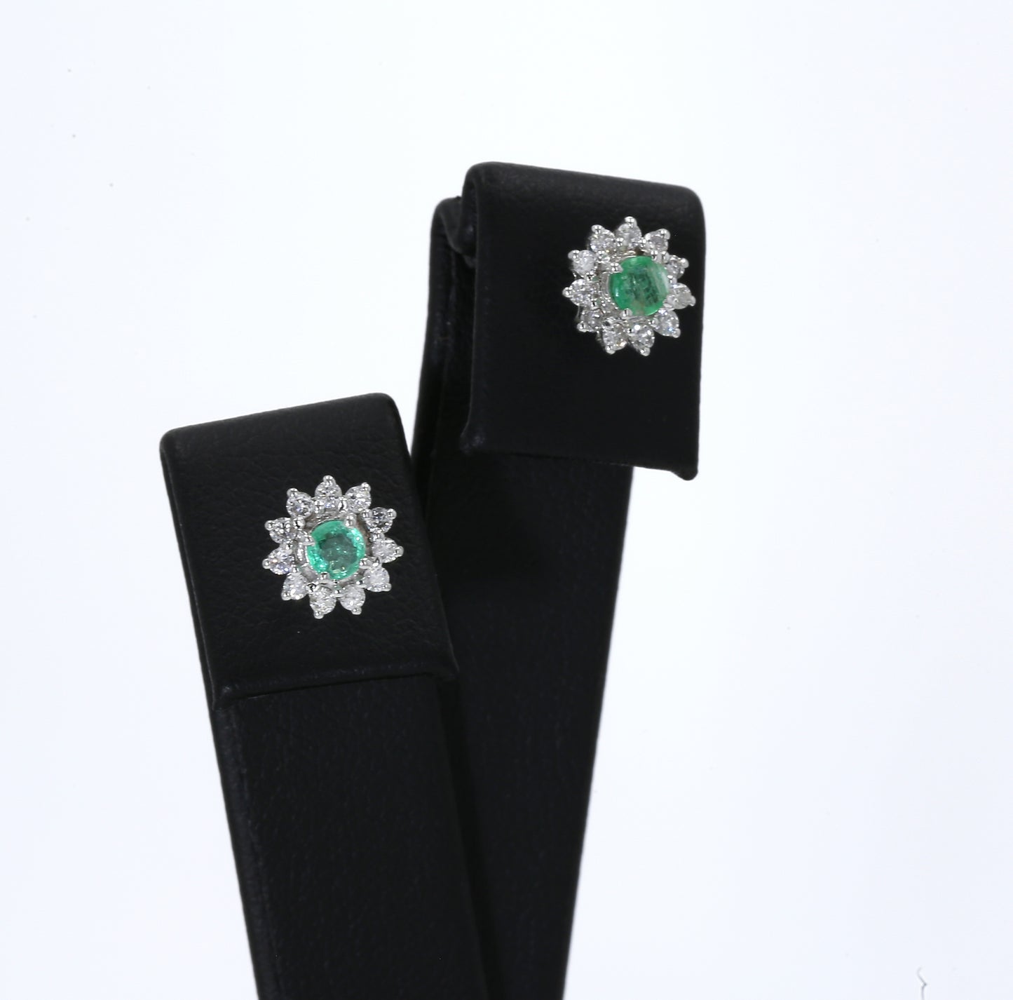 Colombian Emerald Earrings (1 pair): 0.65 ct tw Emeralds, 0.60 ct tw Diamonds, 14K White Gold