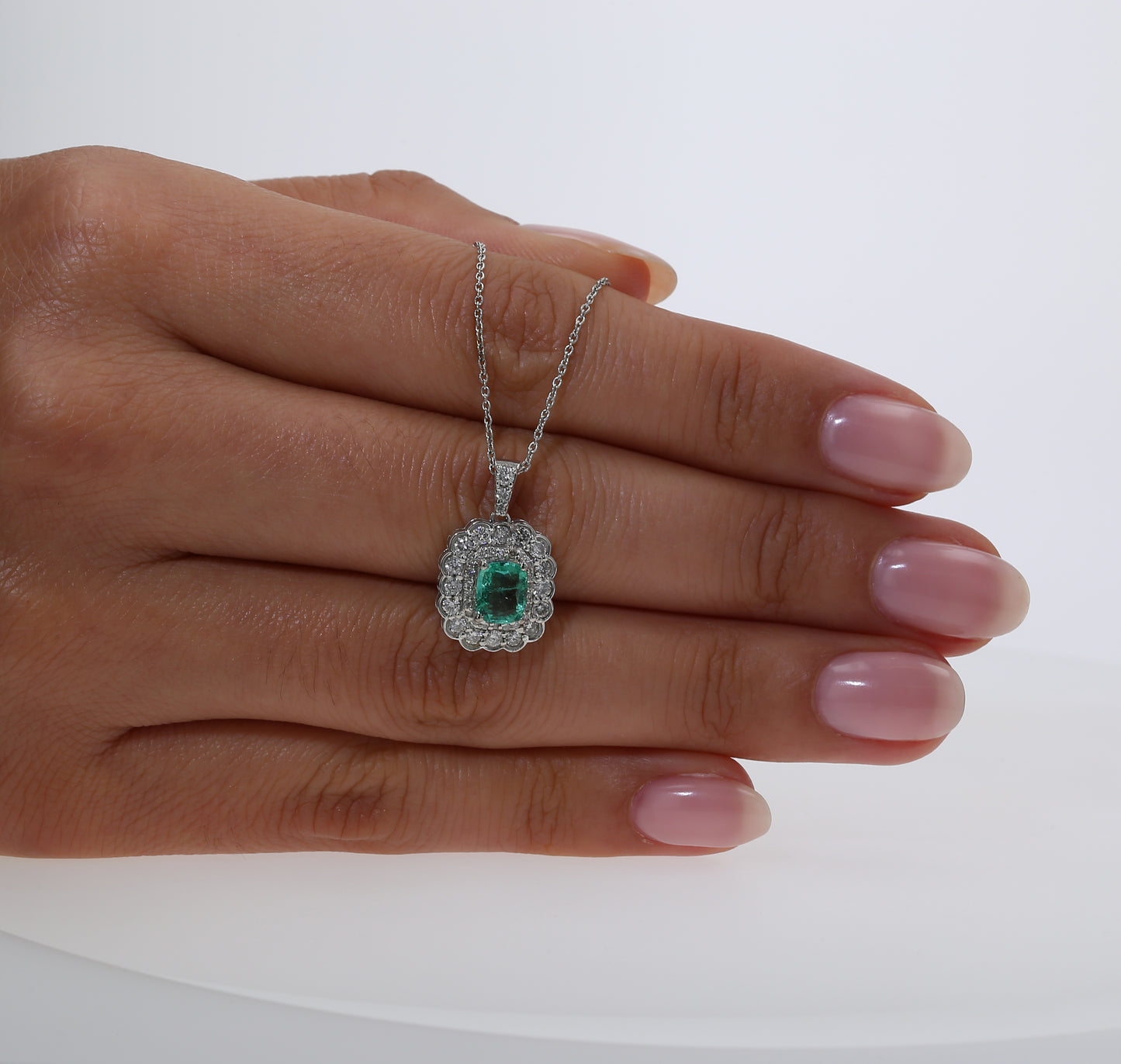 Colombian Emerald Pendant: 1.05 ct tw Emeralds, 0.90 ct tw Diamonds, 14K White Gold