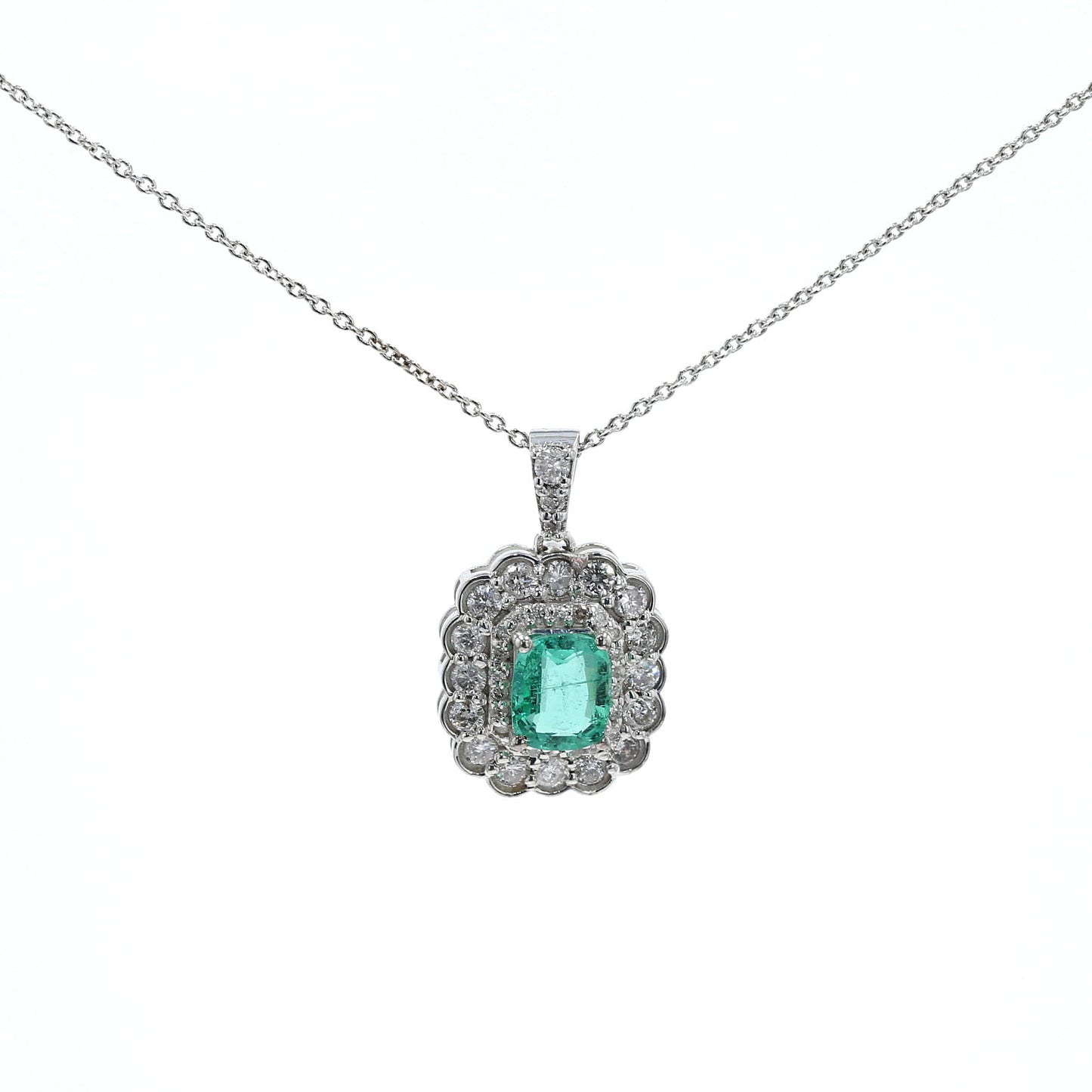 Colombian Emerald Pendant: 1.05 ct tw Emeralds, 0.90 ct tw Diamonds, 14K White Gold