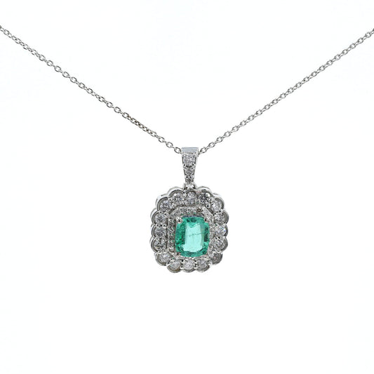 Colombian Emerald Pendant: 1.05 ct tw Emeralds, 0.90 ct tw Diamonds, 14K White Gold