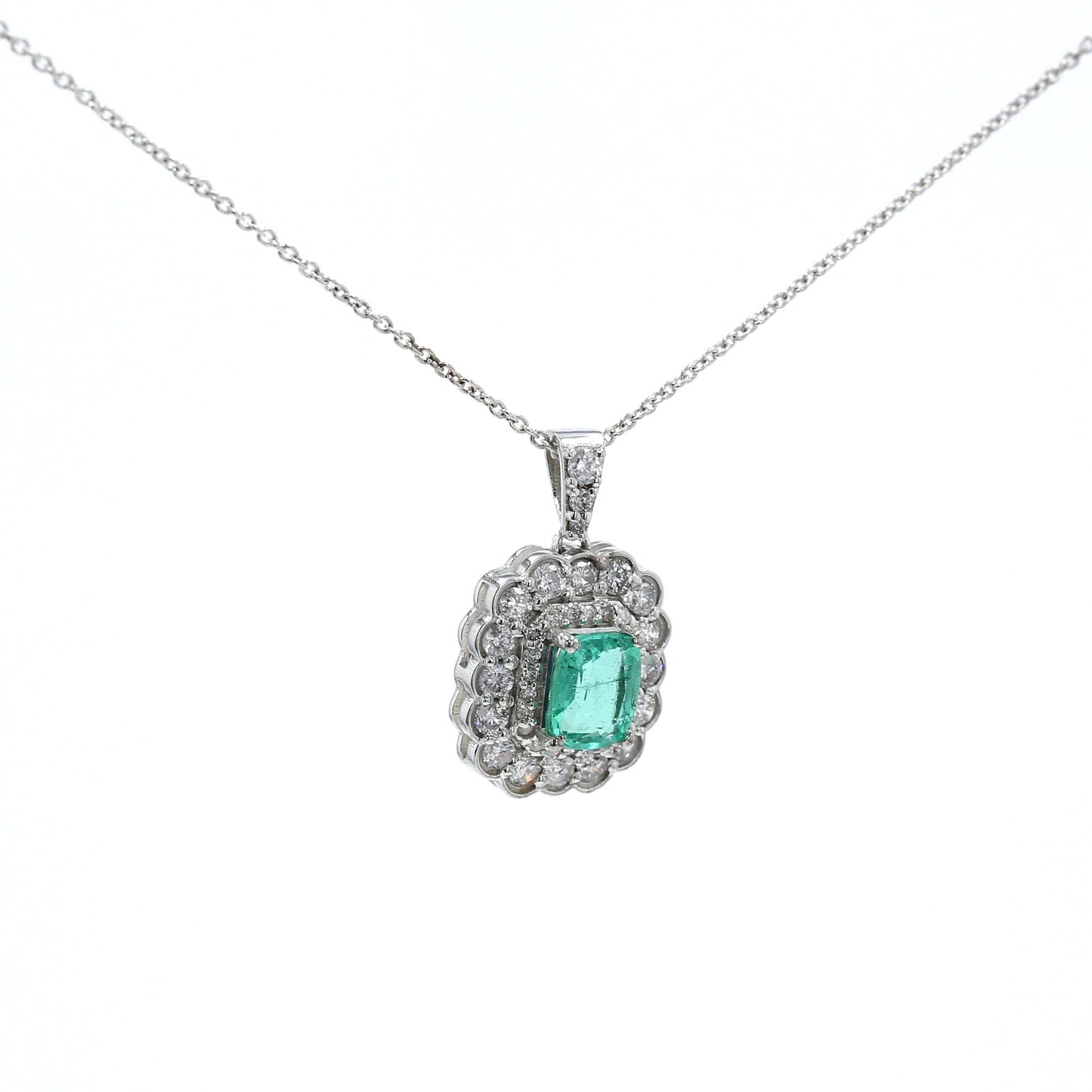 Colombian Emerald Pendant: 1.05 ct tw Emeralds, 0.90 ct tw Diamonds, 14K White Gold