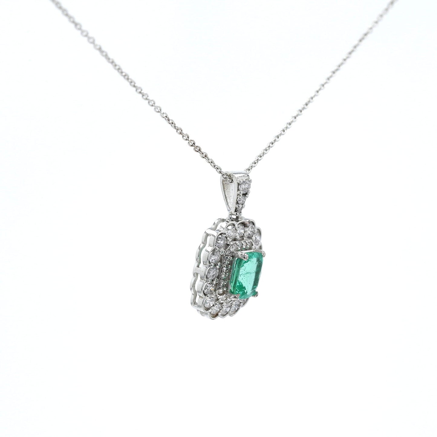 Colombian Emerald Pendant: 1.05 ct tw Emeralds, 0.90 ct tw Diamonds, 14K White Gold