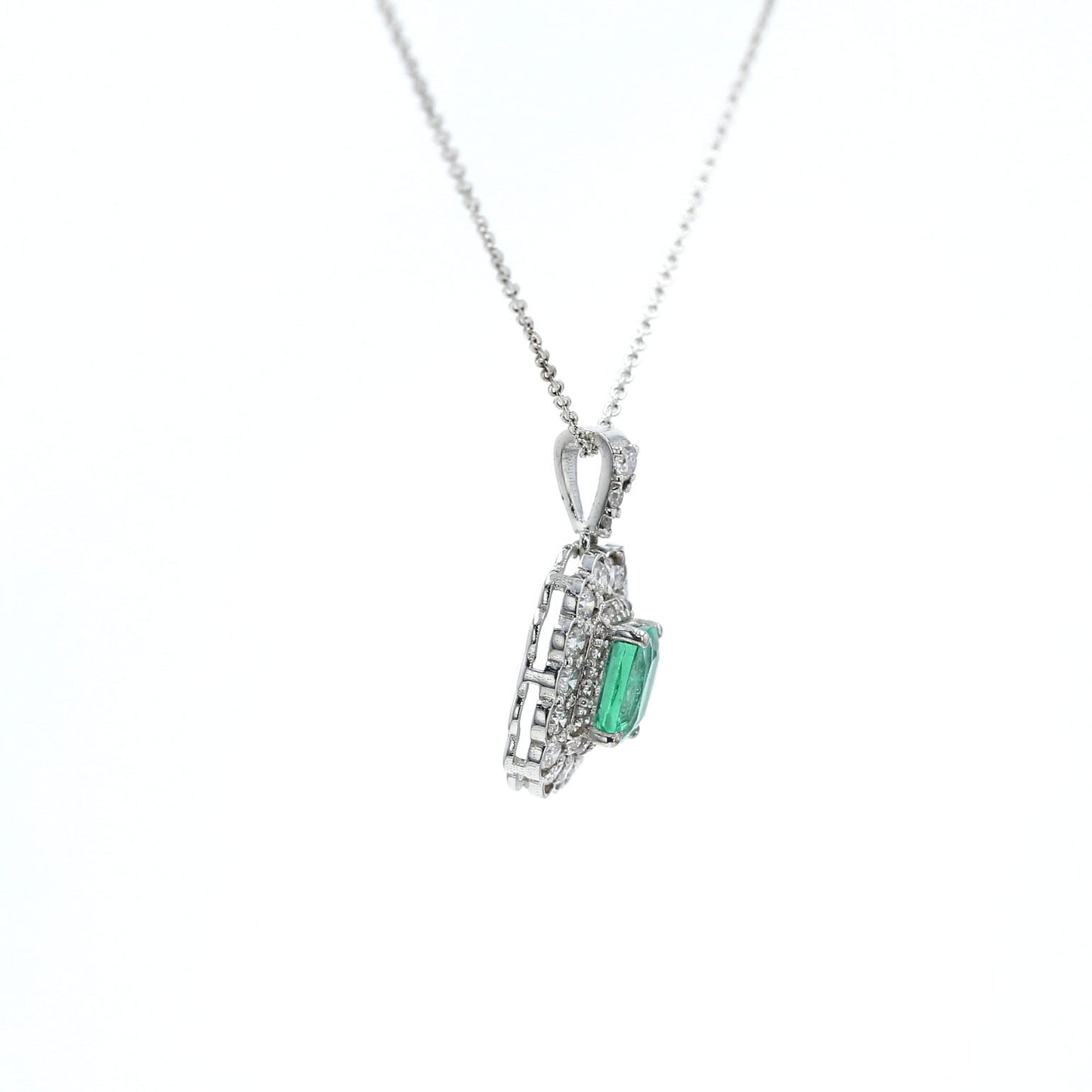 Colombian Emerald Pendant: 1.05 ct tw Emeralds, 0.90 ct tw Diamonds, 14K White Gold