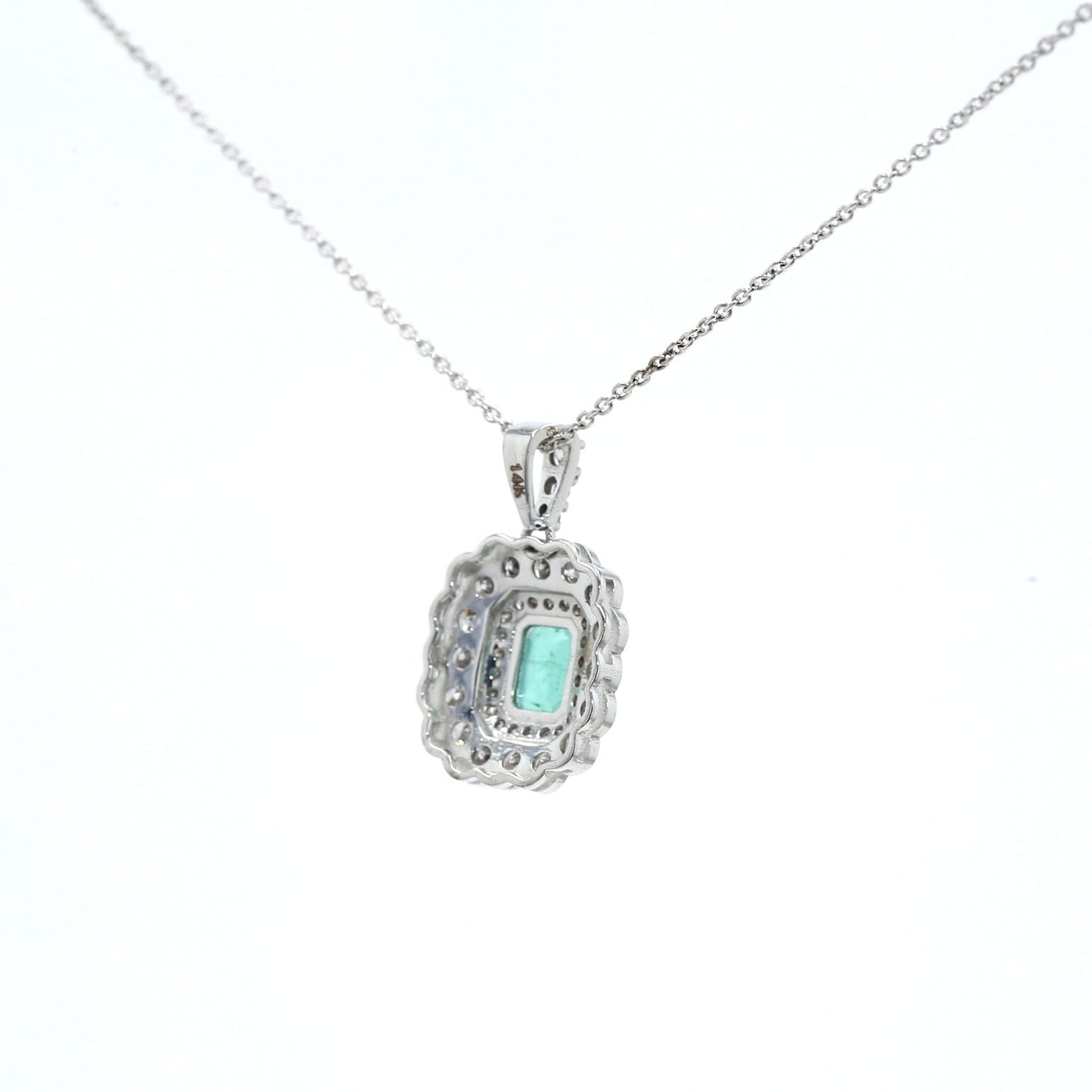 Colombian Emerald Pendant: 1.05 ct tw Emeralds, 0.90 ct tw Diamonds, 14K White Gold