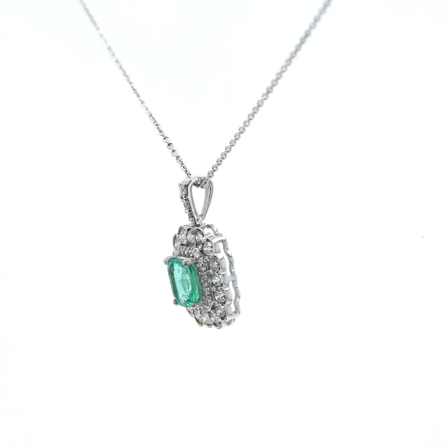 Colombian Emerald Pendant: 1.05 ct tw Emeralds, 0.90 ct tw Diamonds, 14K White Gold