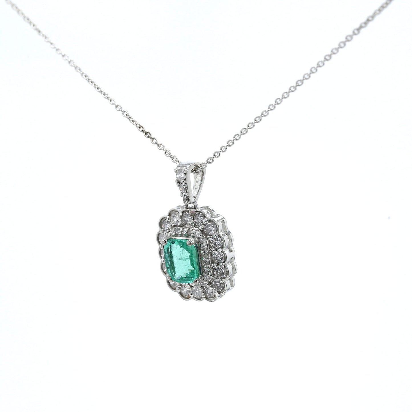 Colombian Emerald Pendant: 1.05 ct tw Emeralds, 0.90 ct tw Diamonds, 14K White Gold