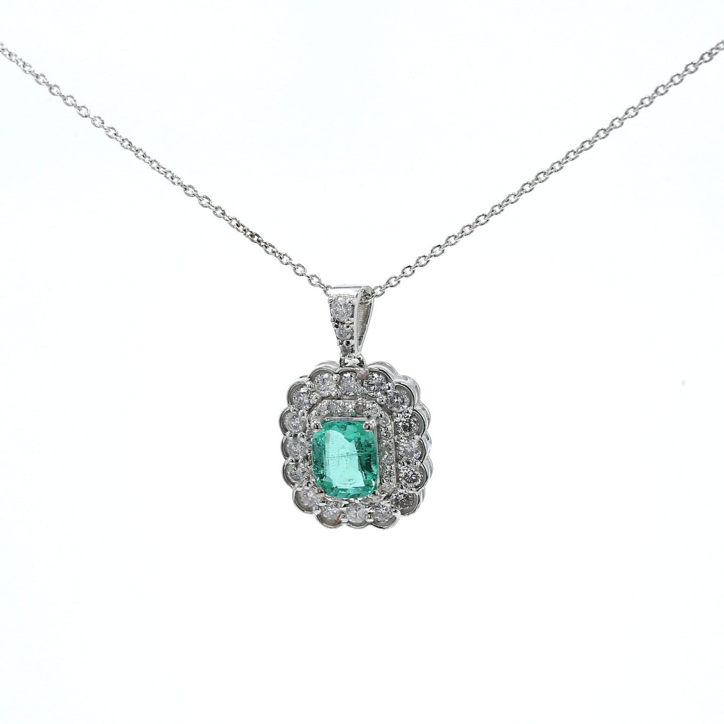 Colombian Emerald Pendant: 1.05 ct tw Emeralds, 0.90 ct tw Diamonds, 14K White Gold