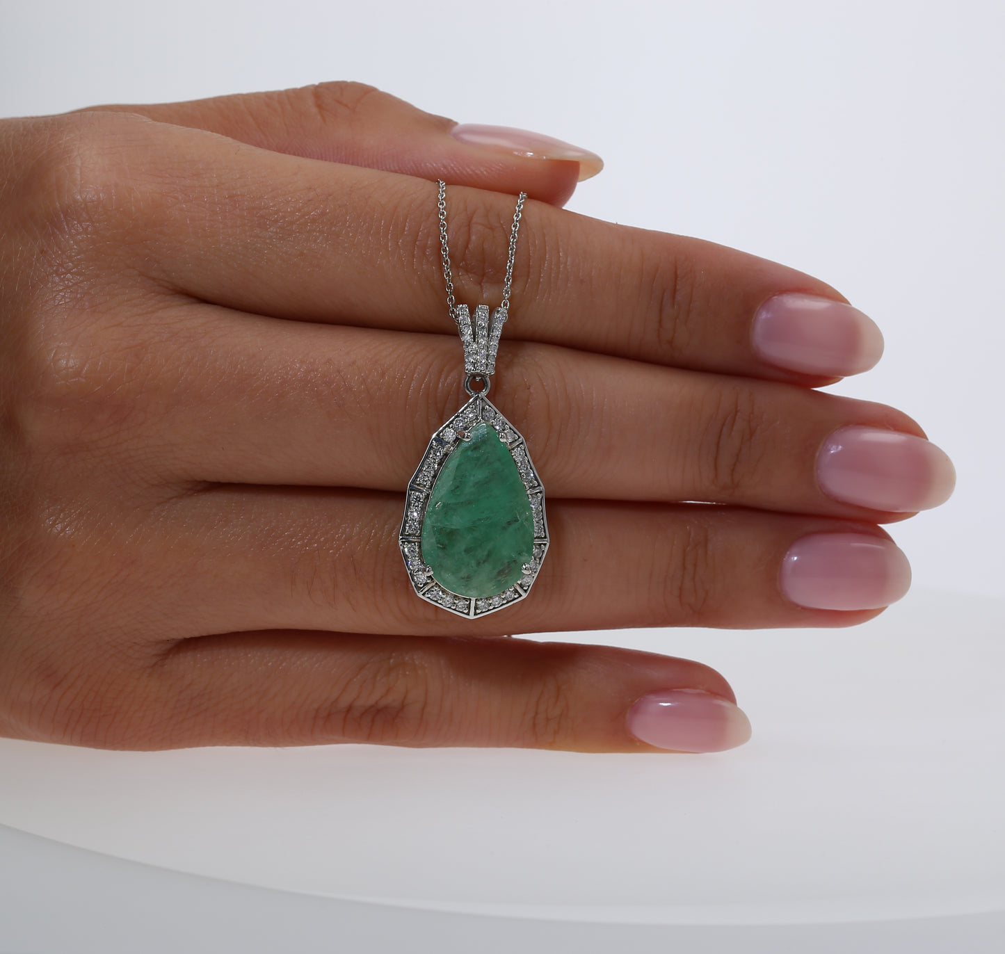 Colombian Emerald Pendant: 9.10 ct tw Emeralds, 0.90 ct tw Diamonds, 14K White Gold