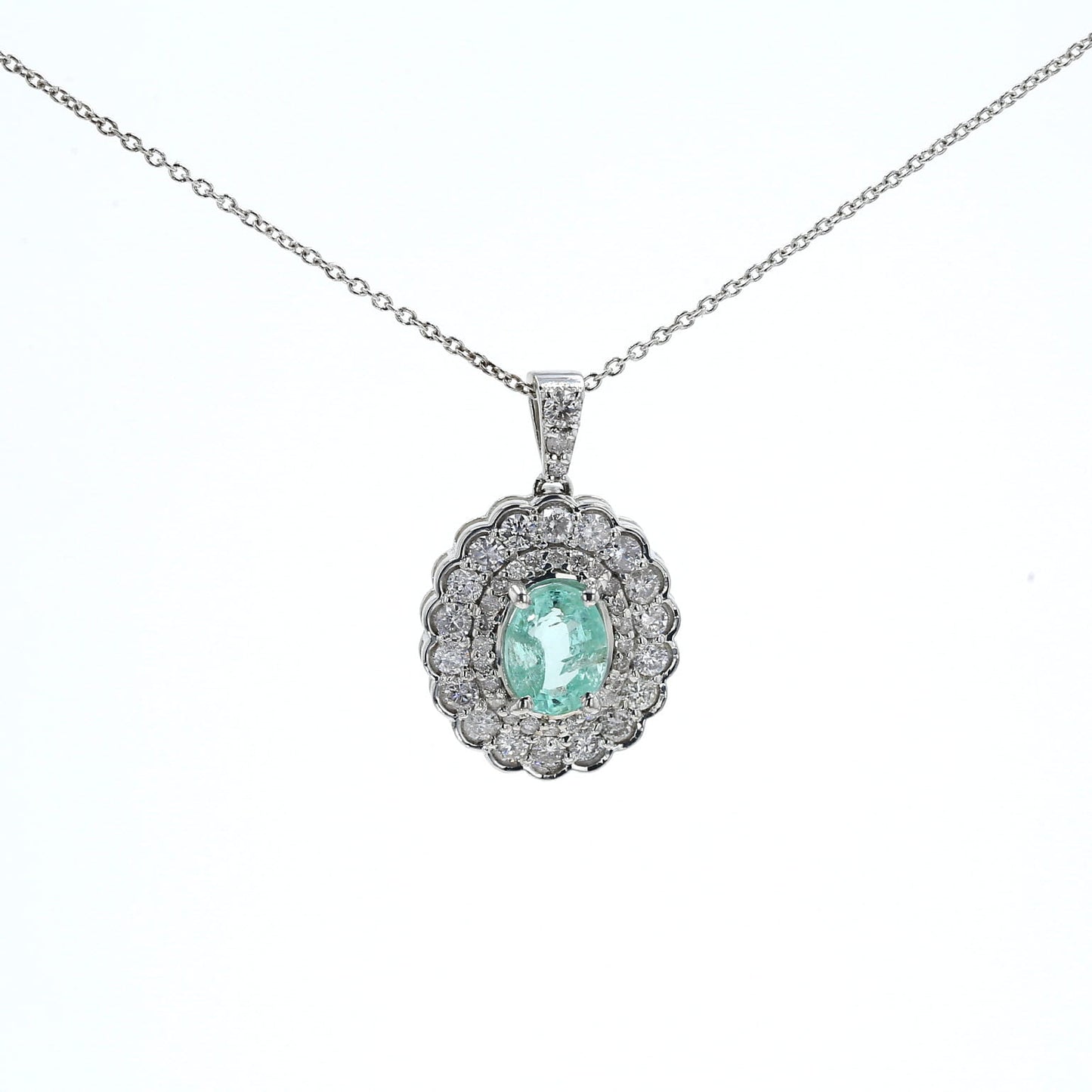 Colombian Emerald Pendant: 1.45 ct tw Emeralds, 0.95 ct tw Diamonds, 14K White Gold