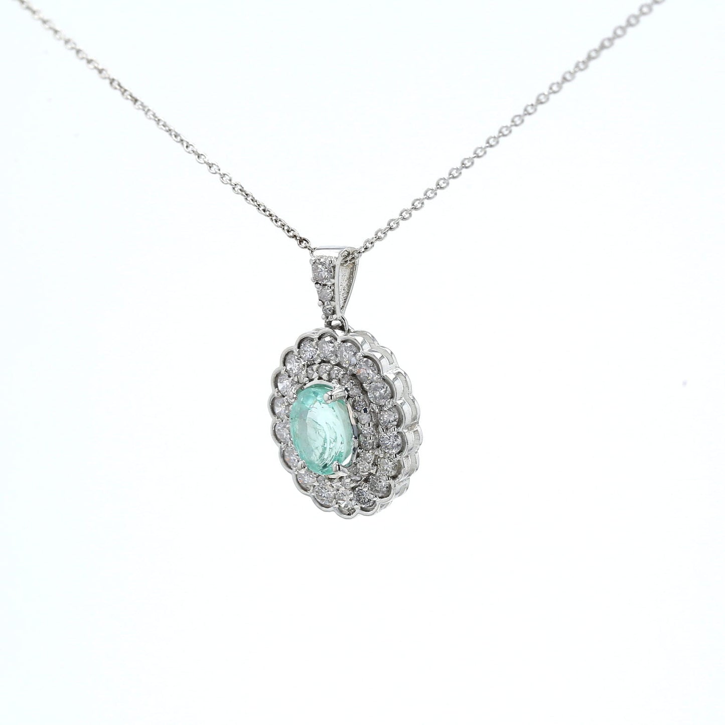 Colombian Emerald Pendant: 1.45 ct tw Emeralds, 0.95 ct tw Diamonds, 14K White Gold