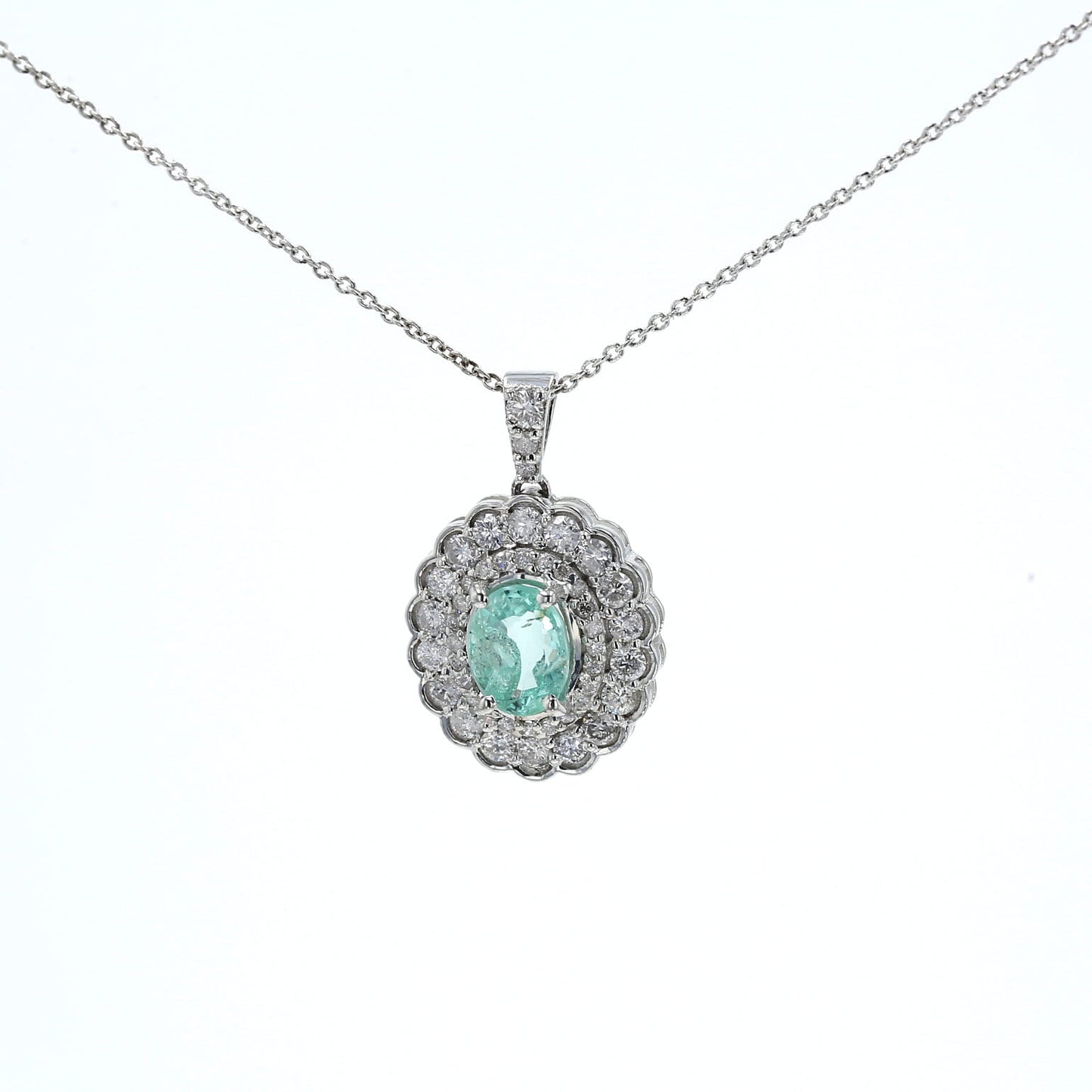 Colombian Emerald Pendant: 1.45 ct tw Emeralds, 0.95 ct tw Diamonds, 14K White Gold