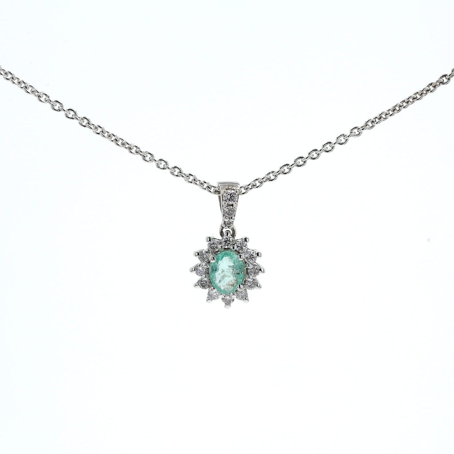 Colombian Emerald Pendant: 0.50 ct tw Emeralds, 0.65 ct tw Diamonds, 14K White Gold