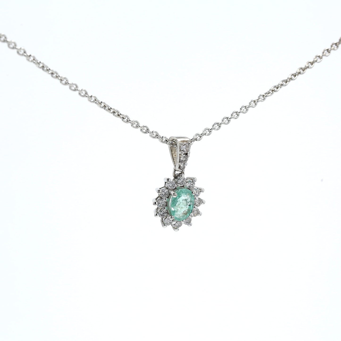 Colombian Emerald Pendant: 0.50 ct tw Emeralds, 0.65 ct tw Diamonds, 14K White Gold