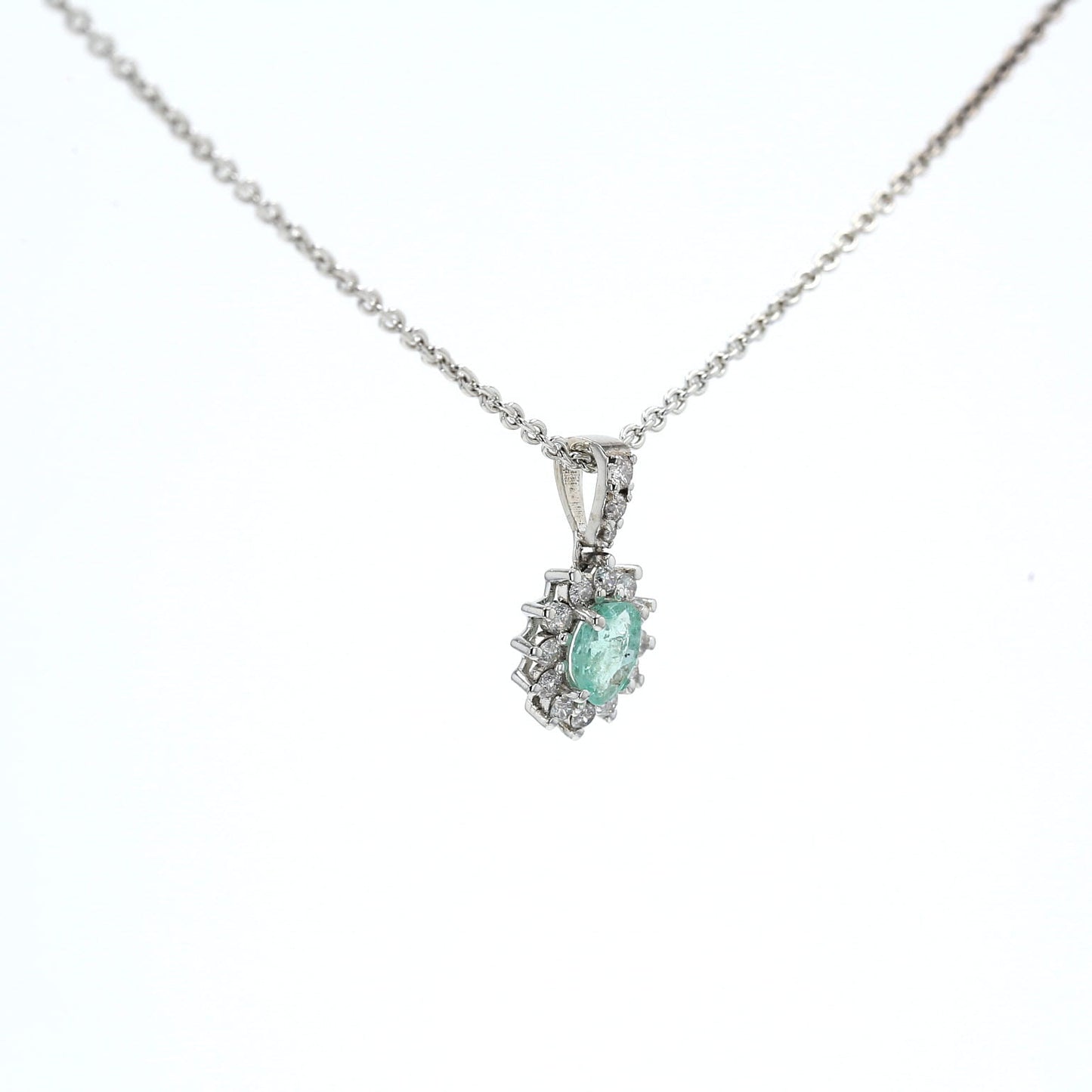 Colombian Emerald Pendant: 0.50 ct tw Emeralds, 0.65 ct tw Diamonds, 14K White Gold