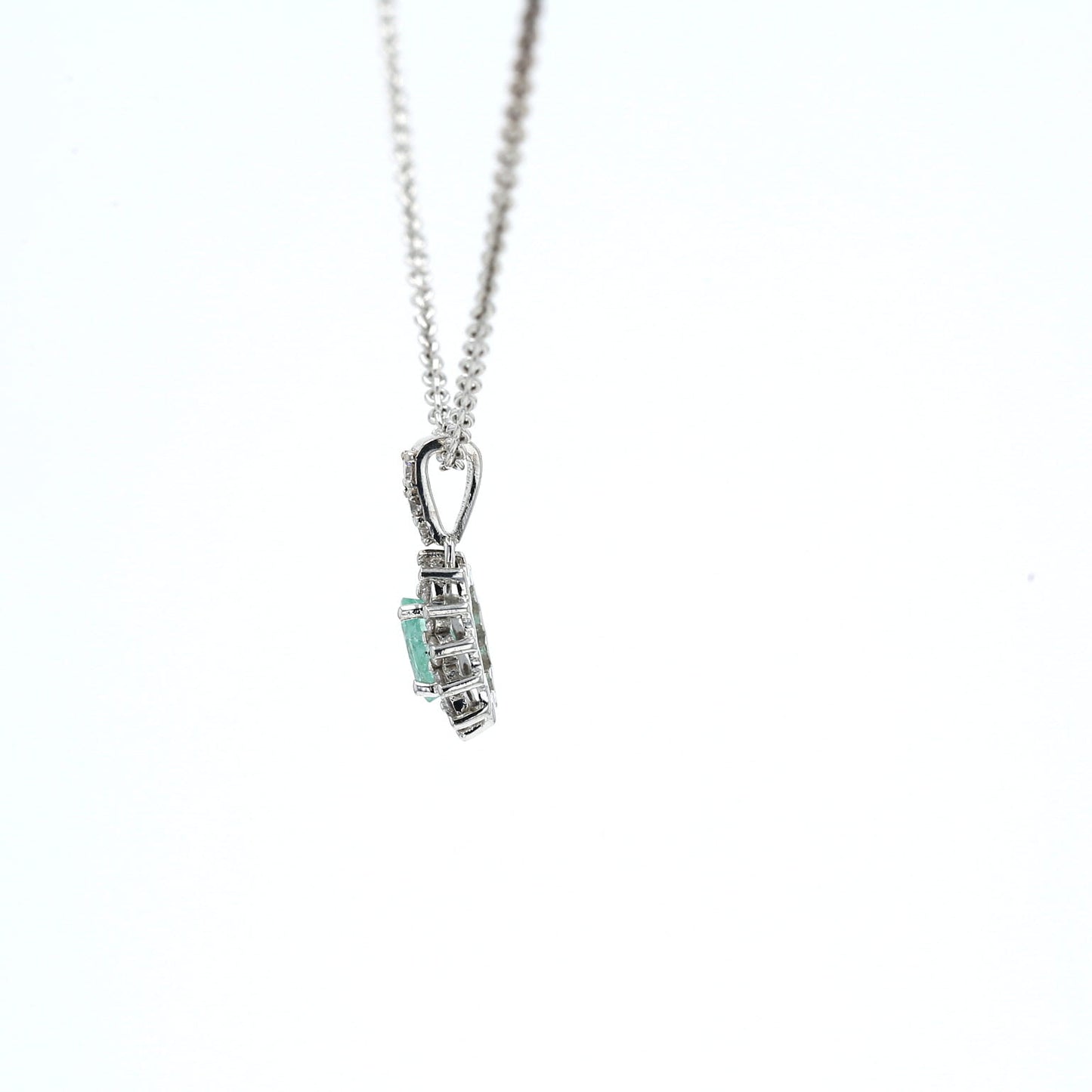 Colombian Emerald Pendant: 0.50 ct tw Emeralds, 0.65 ct tw Diamonds, 14K White Gold