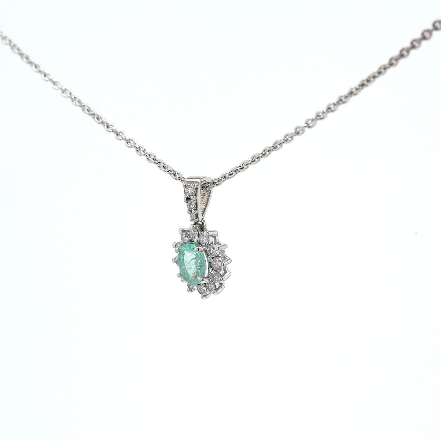 Colombian Emerald Pendant: 0.50 ct tw Emeralds, 0.65 ct tw Diamonds, 14K White Gold