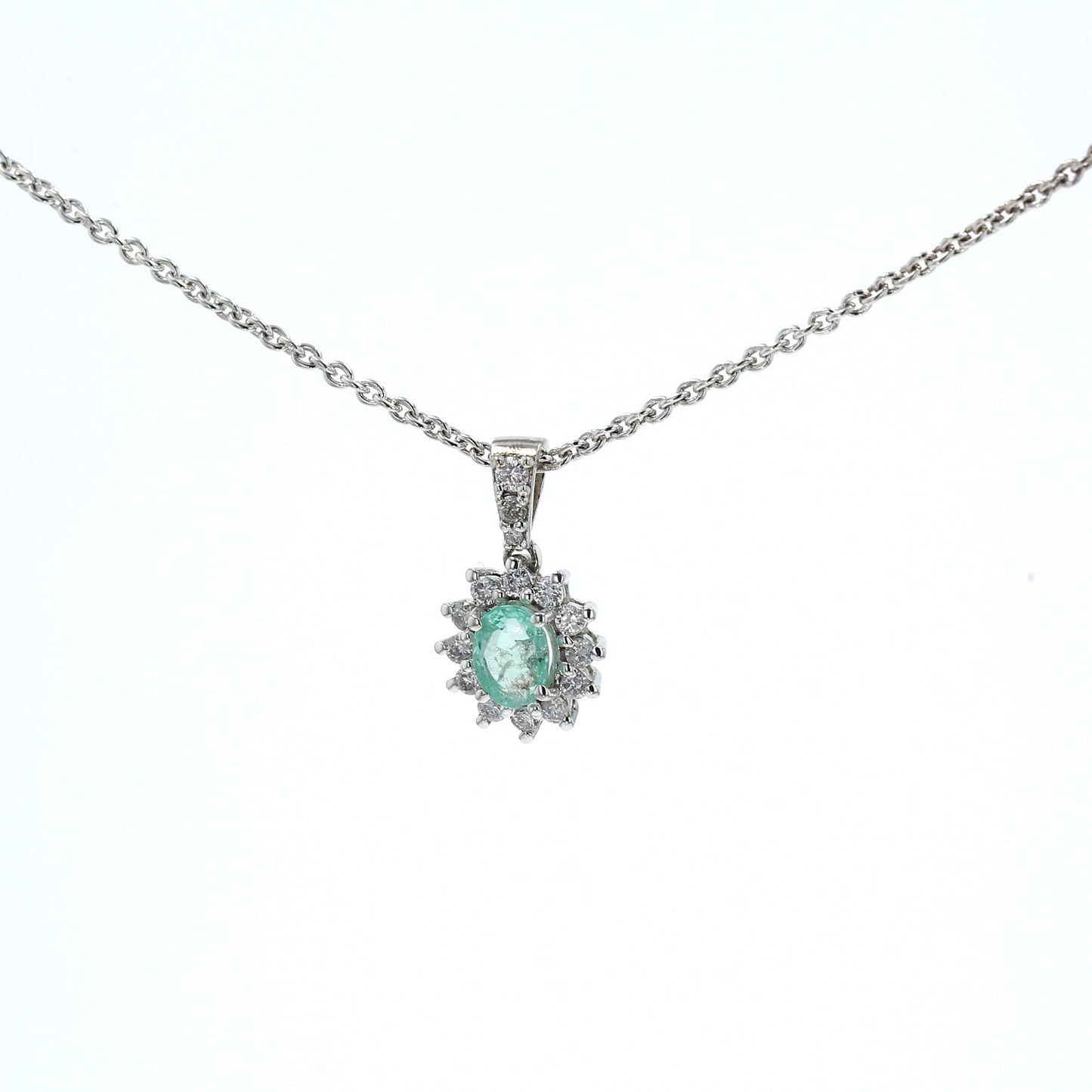 Colombian Emerald Pendant: 0.50 ct tw Emeralds, 0.65 ct tw Diamonds, 14K White Gold